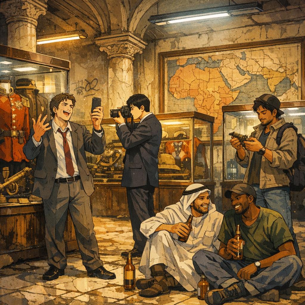 A fading empire’s relics sit quietly as the world that once stood outside the glass now walks freely through it, no longer in awe but in possession.